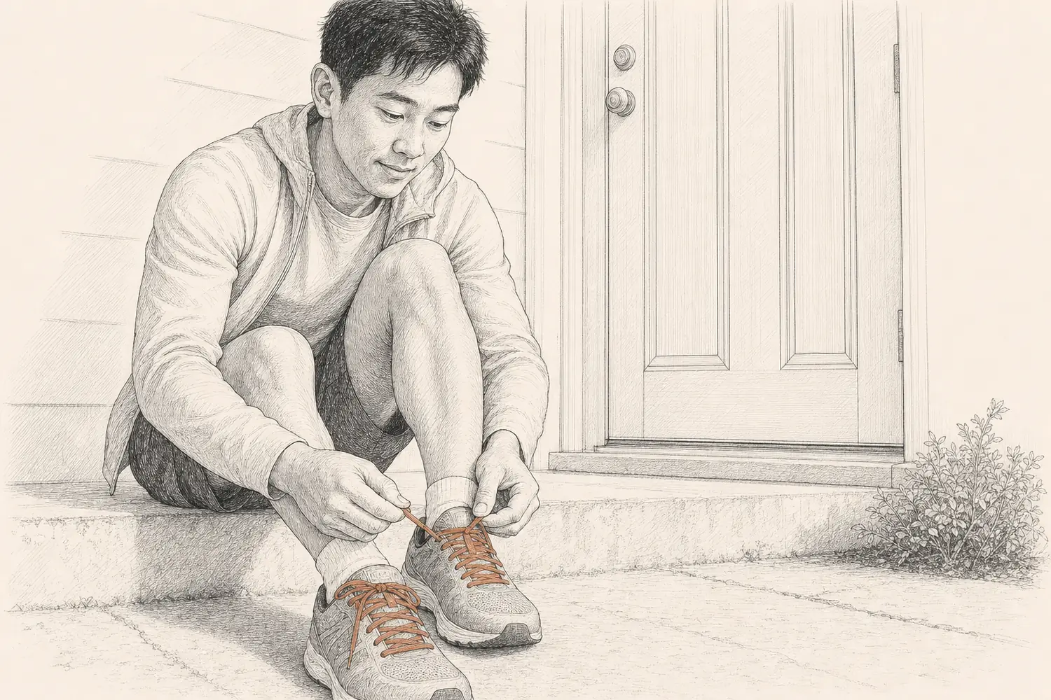 A man sits on a front doorstep and ties terracotta running-shoe laces before heading out.