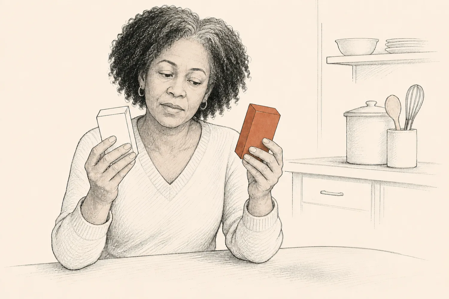 A woman compares two blank cartons, holding one in each hand at a kitchen counter.