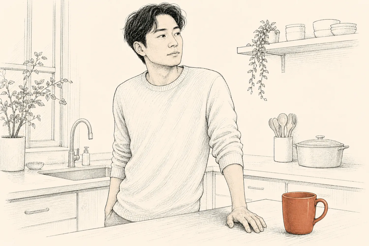 A man pauses thoughtfully at a kitchen counter beside a terracotta mug.