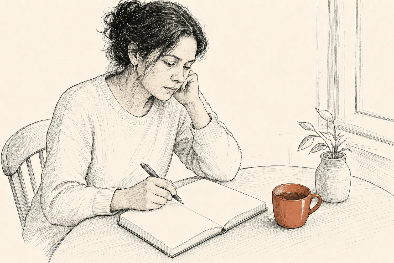 A woman holds a pen over a blank notebook beside a cup of tea at a quiet table.