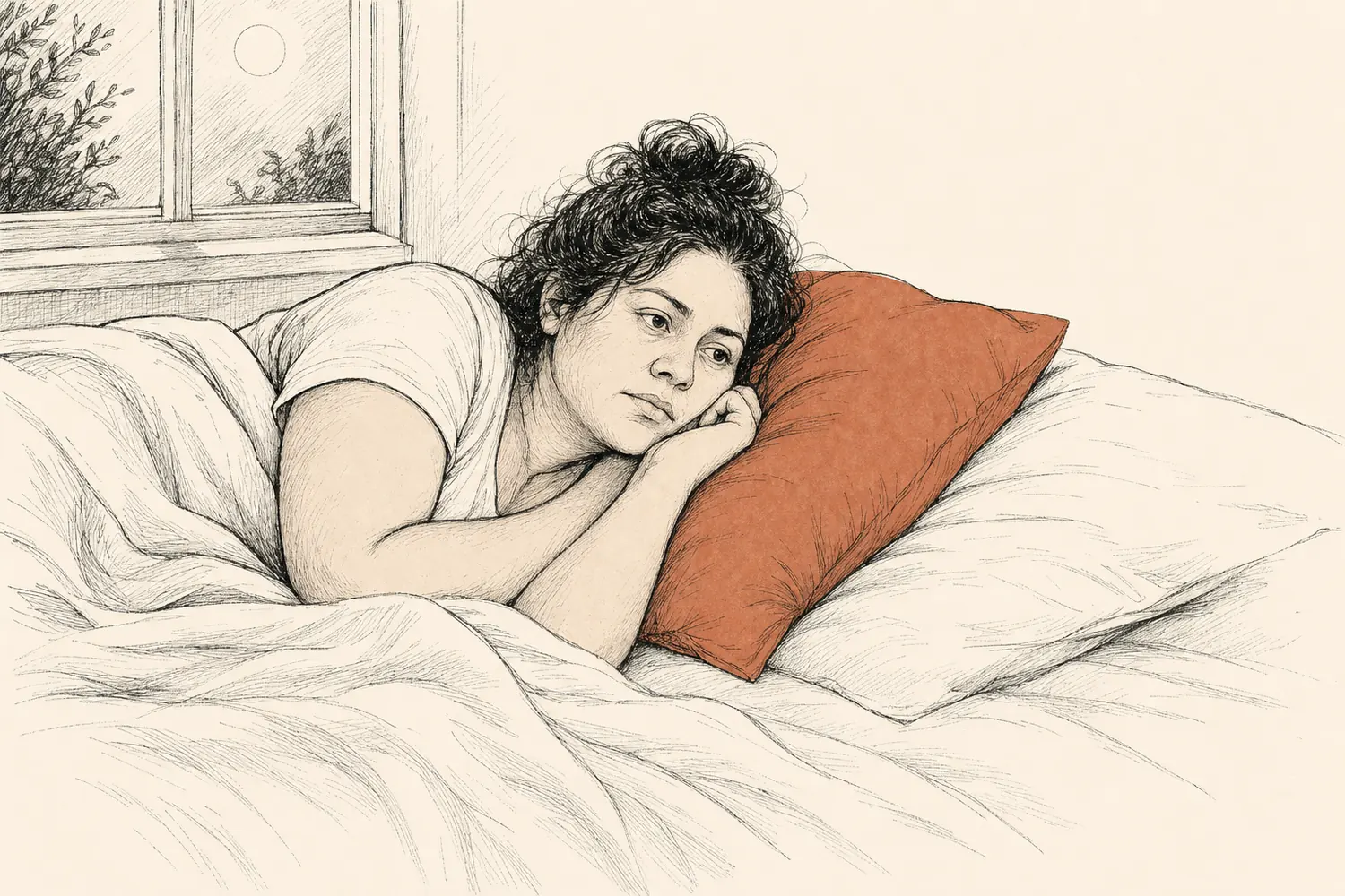 A woman lies awake in bed at night with her eyes open in soft moonlight.