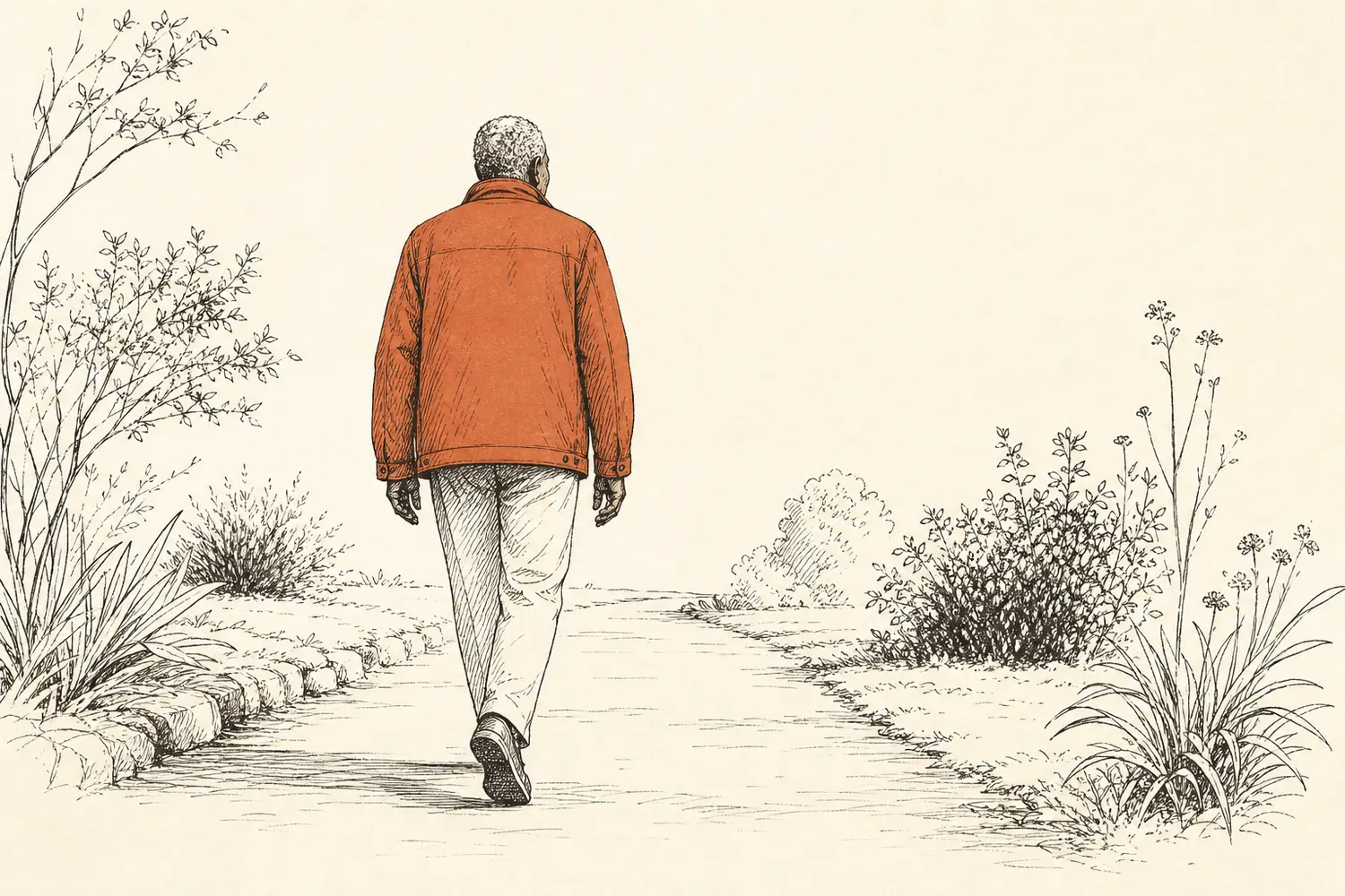 An older man in a terracotta jacket walks away along a garden path.