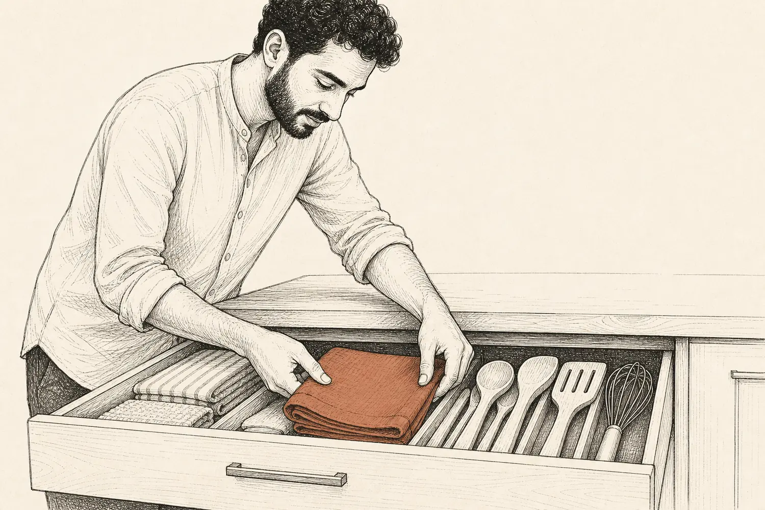A man reorganizes a kitchen drawer, placing a terracotta cloth among cooking utensils.