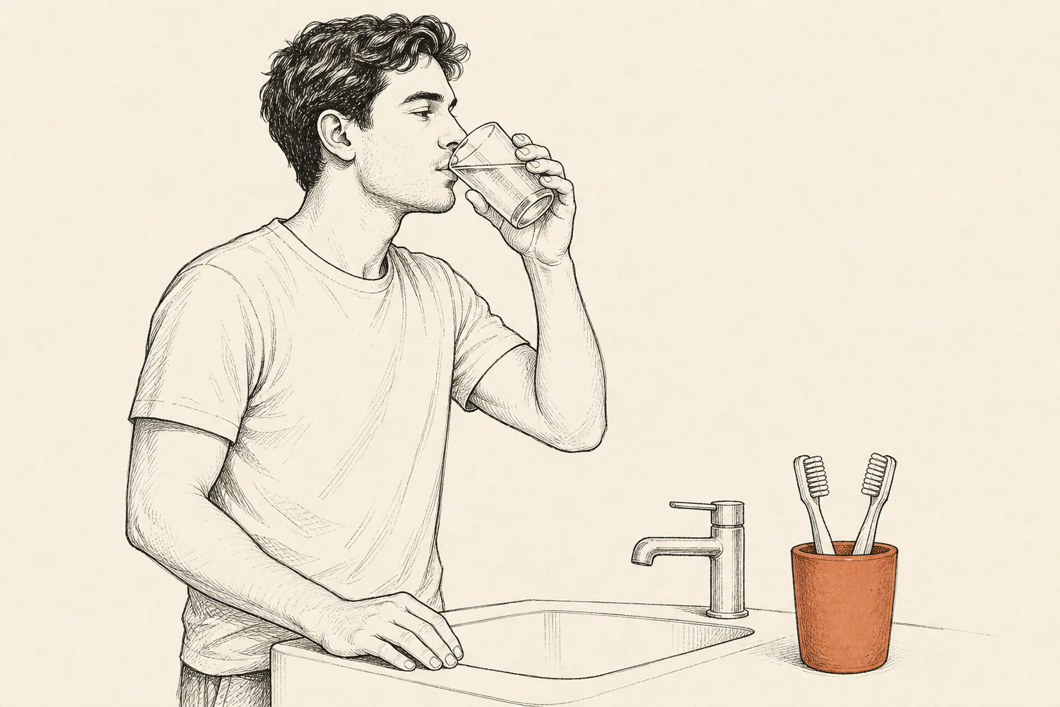 A man drinks a glass of water at a bathroom sink beside a terracotta toothbrush cup.
