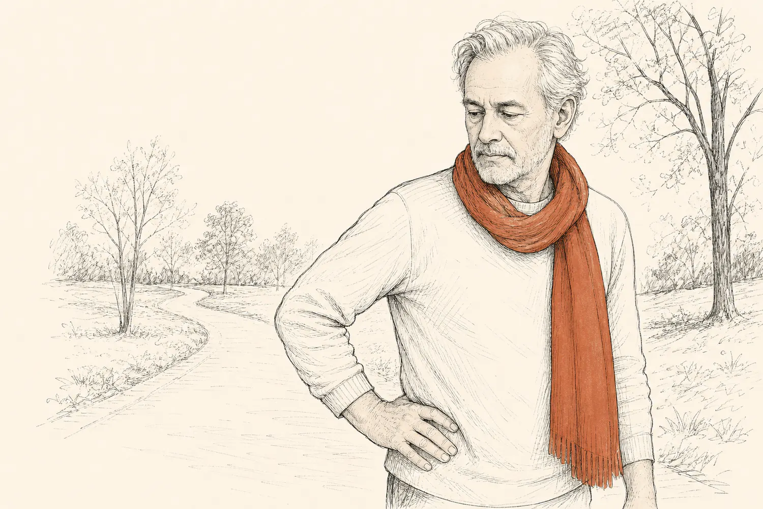 An older man pauses on a park path with one hand on his hip and a scarf around his neck.