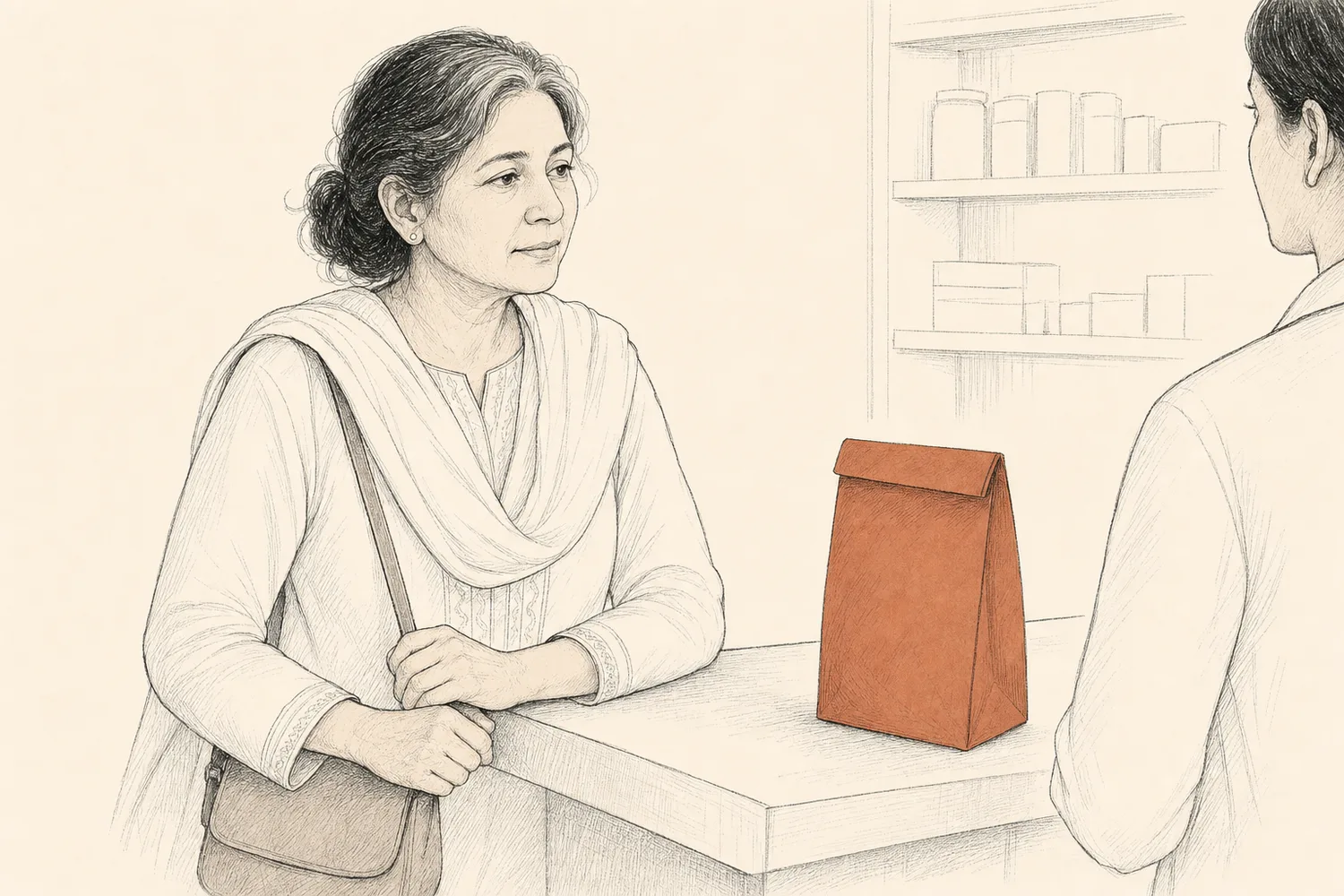 A woman waits calmly at a pharmacy counter with a pharmacist partly visible and a terracotta bag between them.